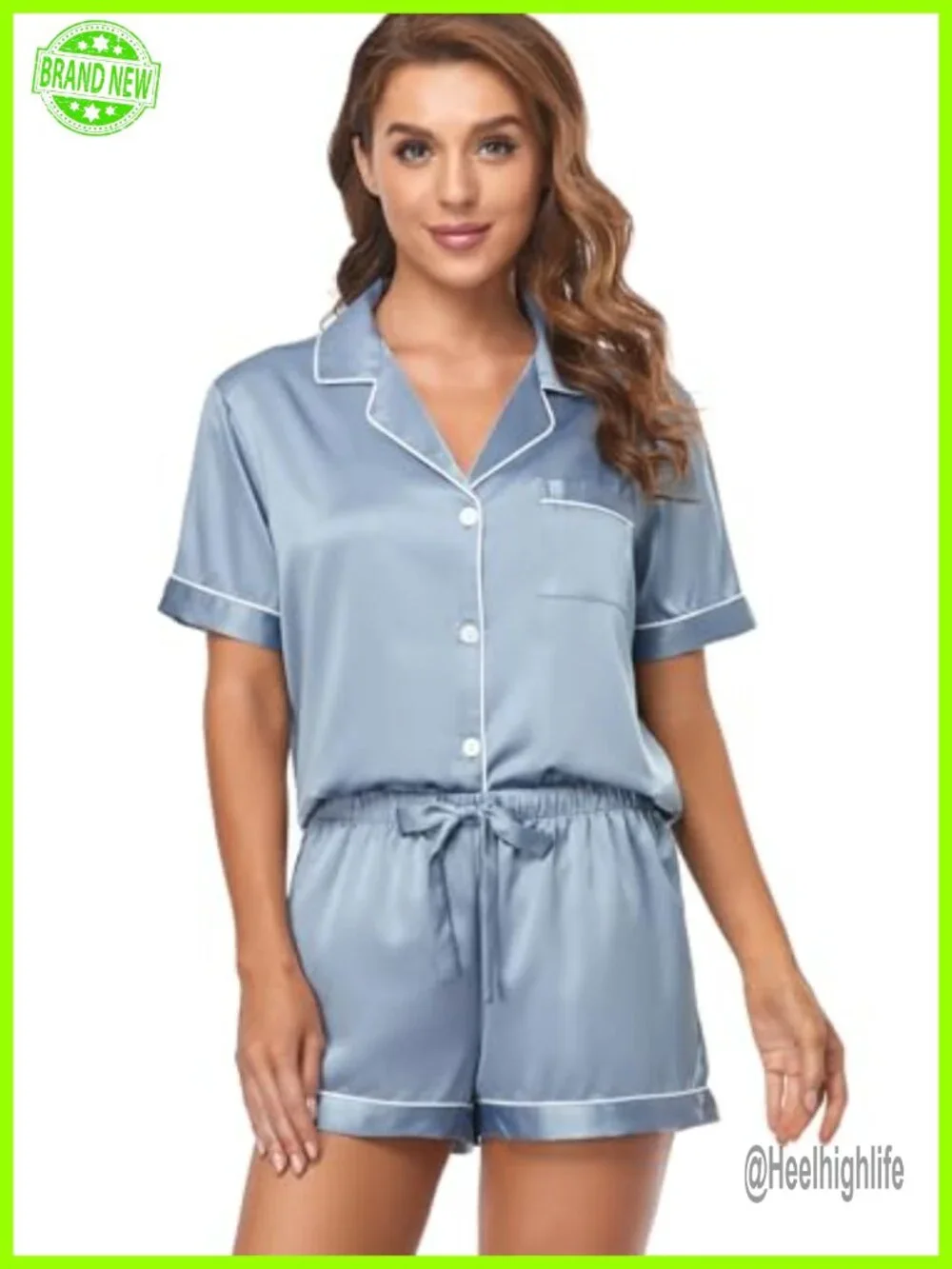Women's Satin Pajama Set 2-Piece Button Down Short Sleeve Silky Sleepwear